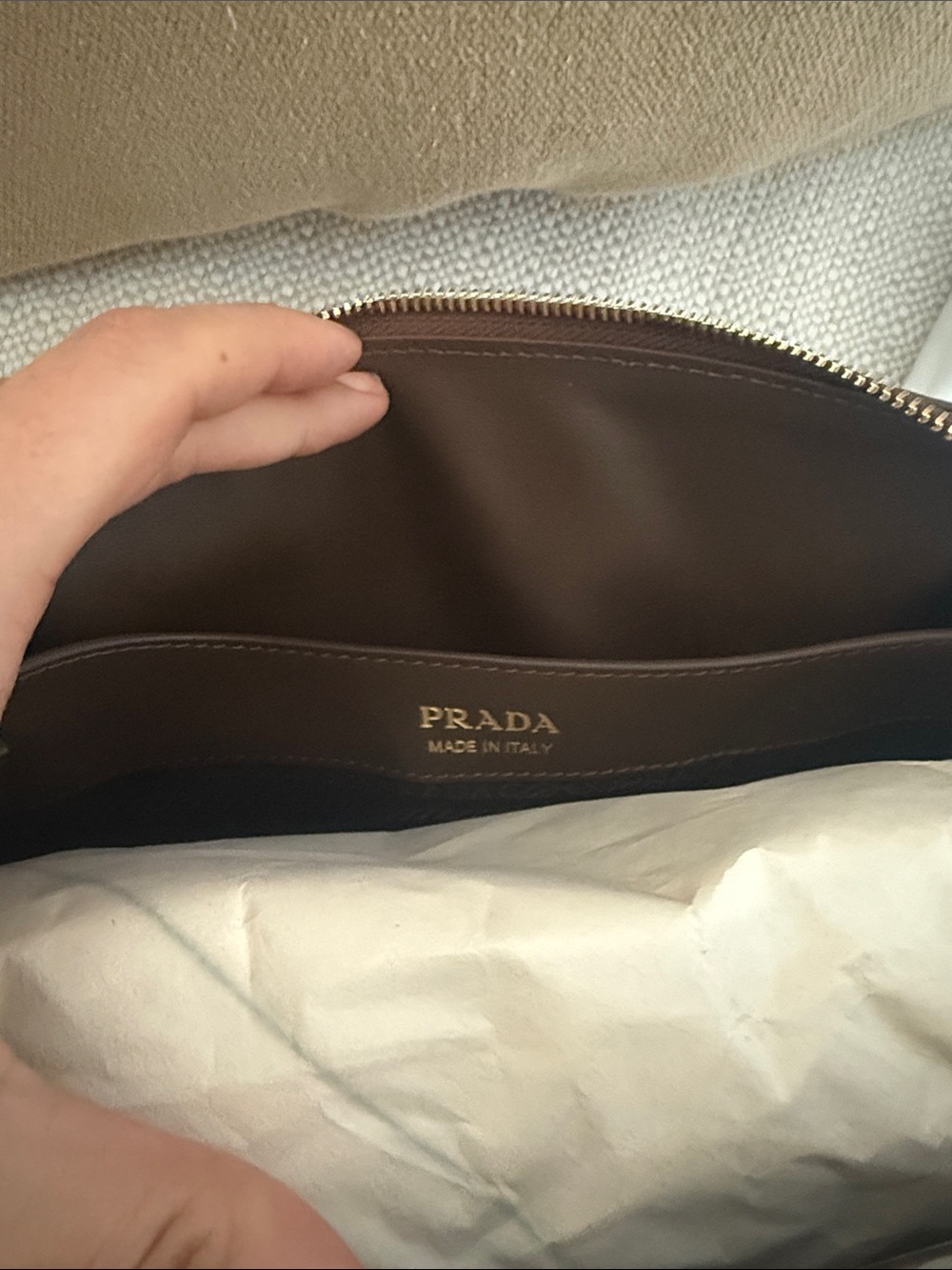Designer Prada Suede Shoulder Bag in Brown with Gold Logo - Picture 3 of 3